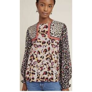 Anthro BL-NK Joelle Leopard Peasant Blouse XS Mixed Animal Boho Sheer Top